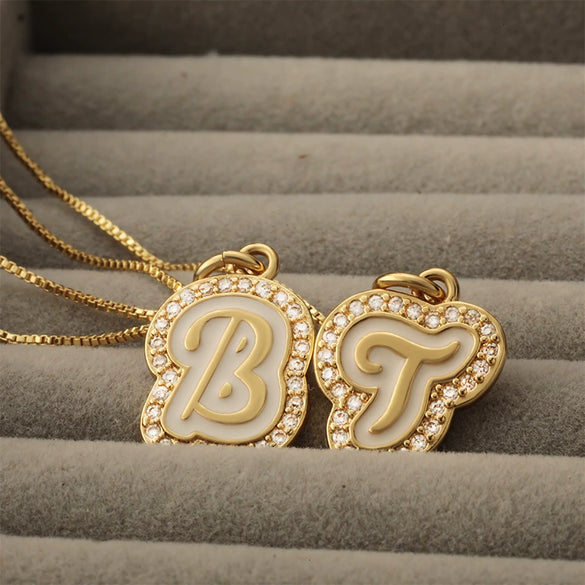 Copper Pendant Necklace With English Letters Edge Inlaid Zircon Electroplated For Women