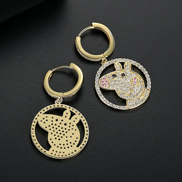 Copper Pig Stud Earrings With Micro Inlaid Zircon Animal Zodiac Jewelry For Women