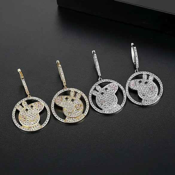 Copper Pig Stud Earrings With Micro Inlaid Zircon Animal Zodiac Jewelry For Women