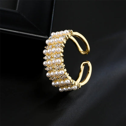 Copper Plated 18k Gold 4 Rows Millet Pearl Opening Design Adjustable Ring