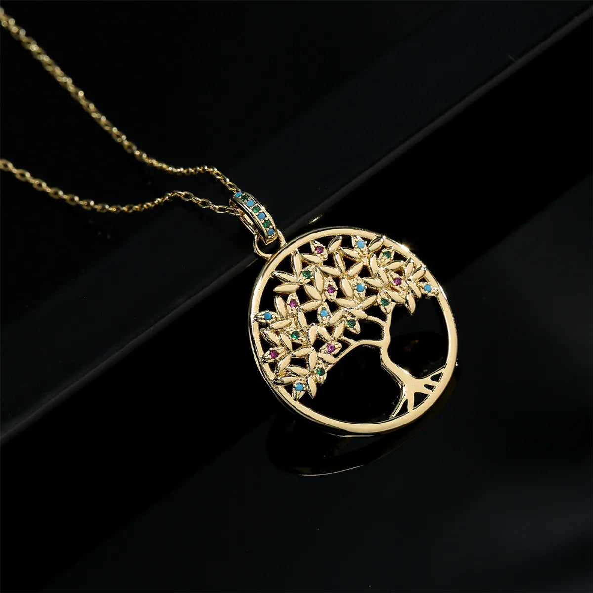 Copper Plated 18k Gold Tree Pendant Necklace Micro-Set Zircon Jewelry Women