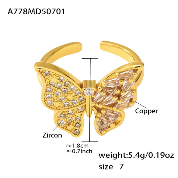 Copper Plated 18K Gold Inlaid Zircon Butterfly Geometric Open Index Finger Ring For Women Fashion Ol Style Stainless Steel Jewelry With Electroplating