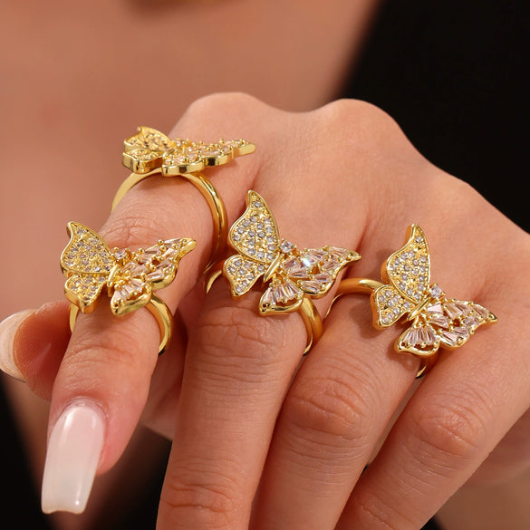 Copper Plated 18K Gold Inlaid Zircon Butterfly Geometric Open Index Finger Ring For Women Fashion Ol Style Stainless Steel Jewelry With Electroplating