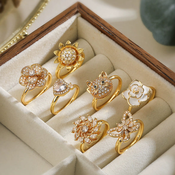 Copper Plated 18K Gold Zircon Flower Butterfly Rotatable Open Ring For Women With Micropaved Design