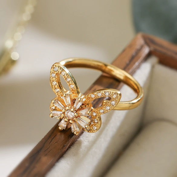 Copper Plated 18K Gold Zircon Flower Butterfly Rotatable Open Ring For Women With Micropaved Design