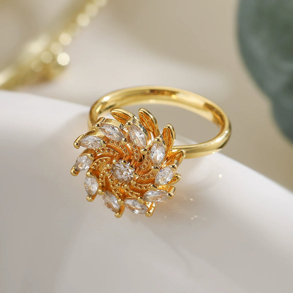 Copper Plated 18K Gold Zircon Flower Butterfly Rotatable Open Ring For Women With Micropaved Design