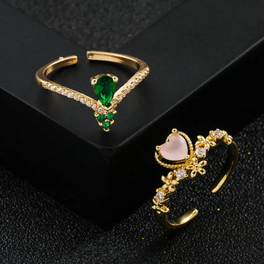 Copper Plated Real Gold Micro Inlaid Green Zircon Heart-shaped Women's Ring