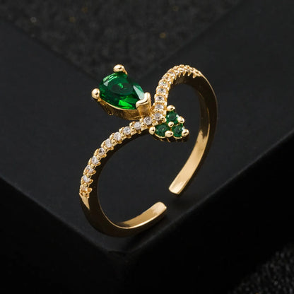 Copper Plated Real Gold Micro Inlaid Green Zircon Heart-shaped Women's Ring