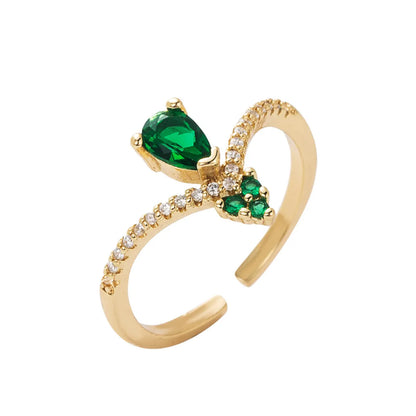 Copper Plated Real Gold Micro Inlaid Green Zircon Heart-shaped Women's Ring