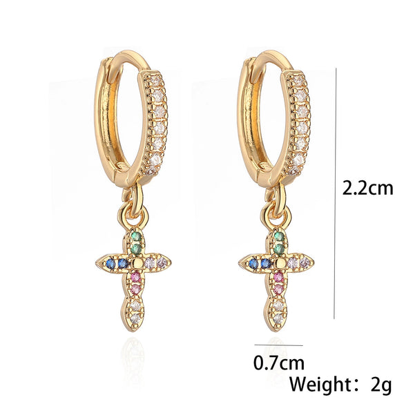 Copper Plated Real Gold Zircon Geometric Cross Pendant Earrings For Women