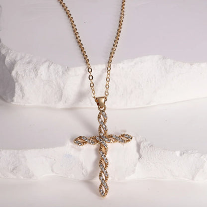 Copper Plating Inlay Cross Zircon Pendant Necklace