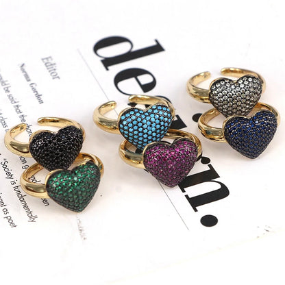 Copper Plating Inlay Heart Shape Zircon Open Rings