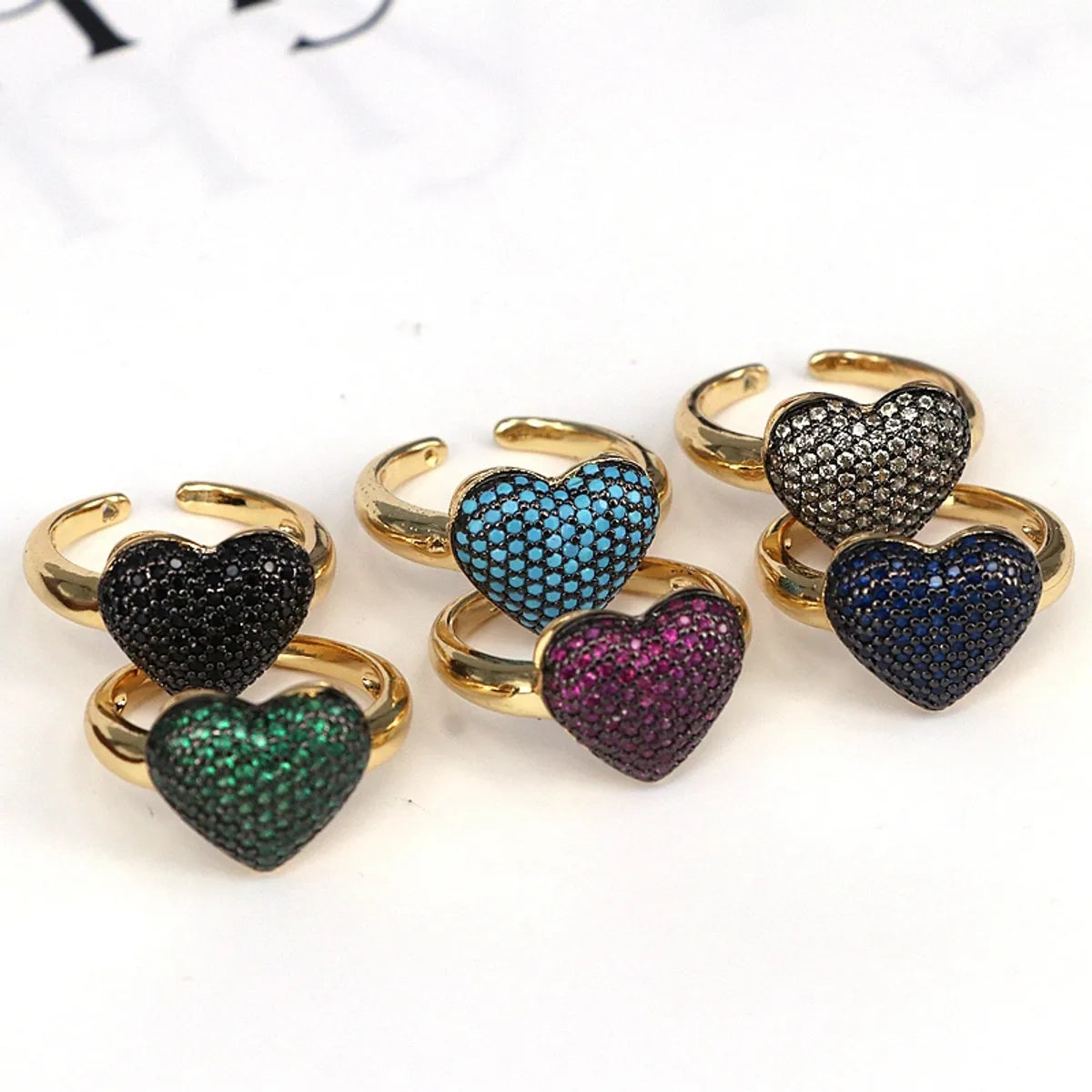 Copper Plating Inlay Heart Shape Zircon Open Rings