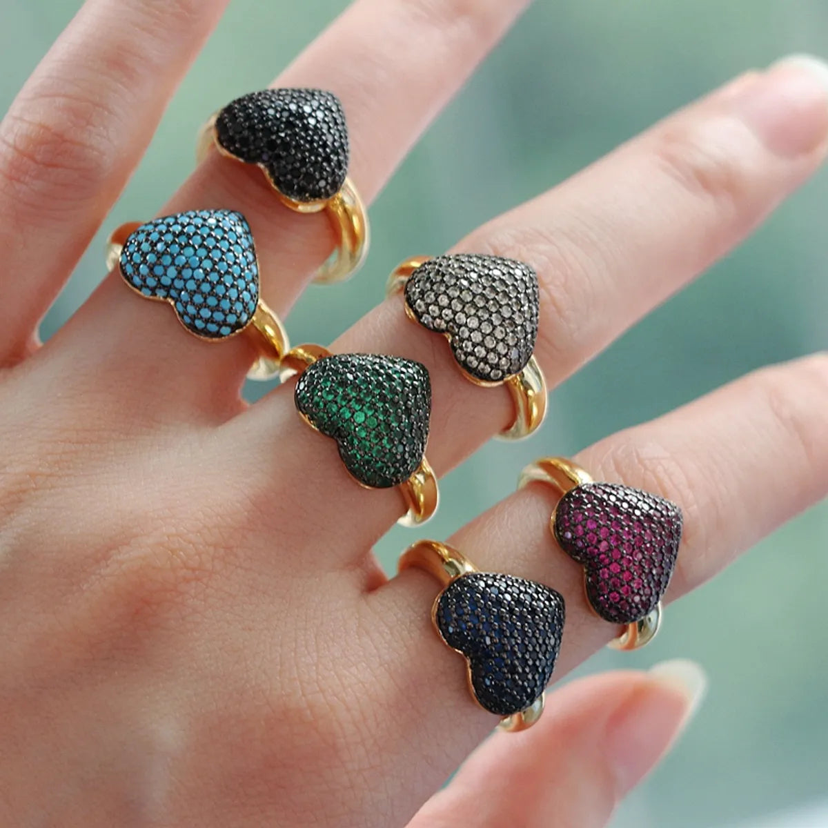 Copper Plating Inlay Heart Shape Zircon Open Rings