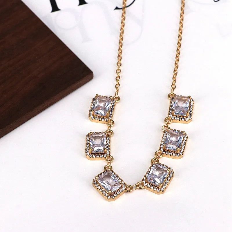 Copper Plating Inlay Square Zircon Pendant Necklace