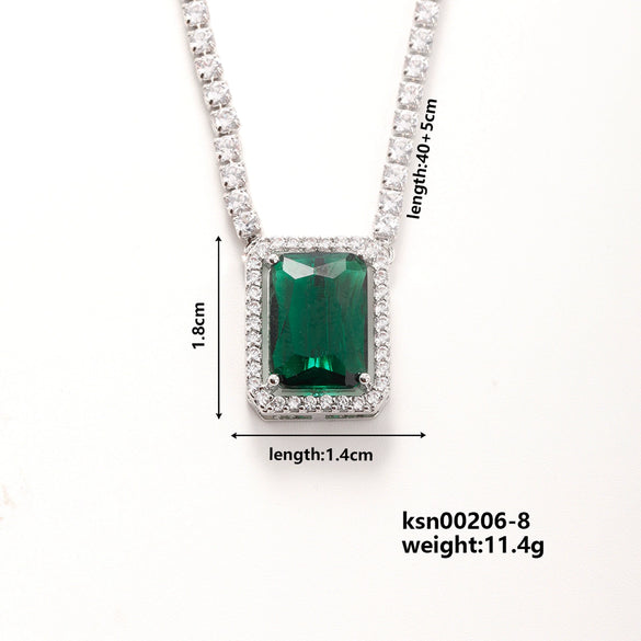 Copper Rectangular Geometric Zircon And Glass Pendant Necklace With Square Cut Colorful Zircon Style