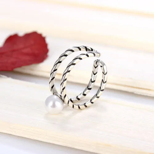 Copper Retro Plating Inlay Round Artificial Pearls Open Rings