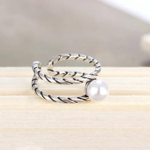 Copper Retro Plating Inlay Round Artificial Pearls Open Rings