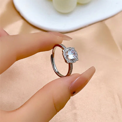 Copper Rhodium Plated Casual Elegant Romantic Inlay Round Square Zircon Open Rings