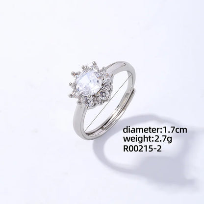 Copper Rhodium Plated Casual Elegant Romantic Inlay Round Square Zircon Open Rings