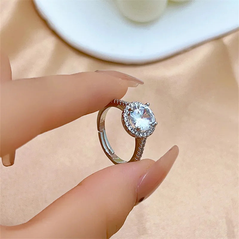 Copper Rhodium Plated Casual Elegant Romantic Inlay Round Square Zircon Open Rings