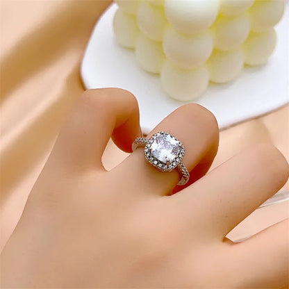 Copper Rhodium Plated Casual Elegant Romantic Inlay Round Square Zircon Open Rings