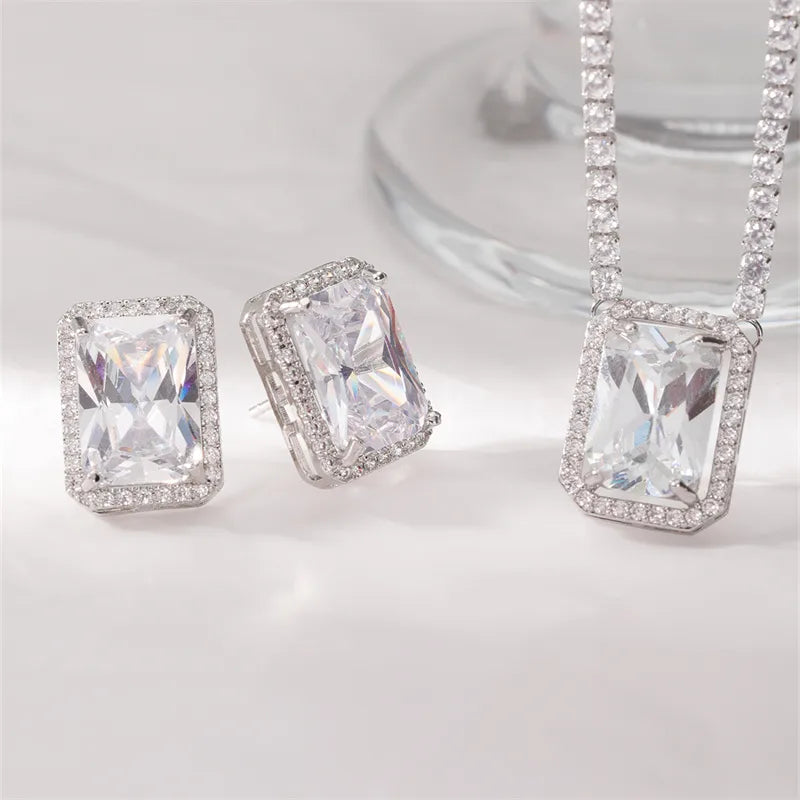 Copper Rhodium Plated Simple Style Shiny Inlay Rock Candy Zircon Rings Necklace Jewelry Set