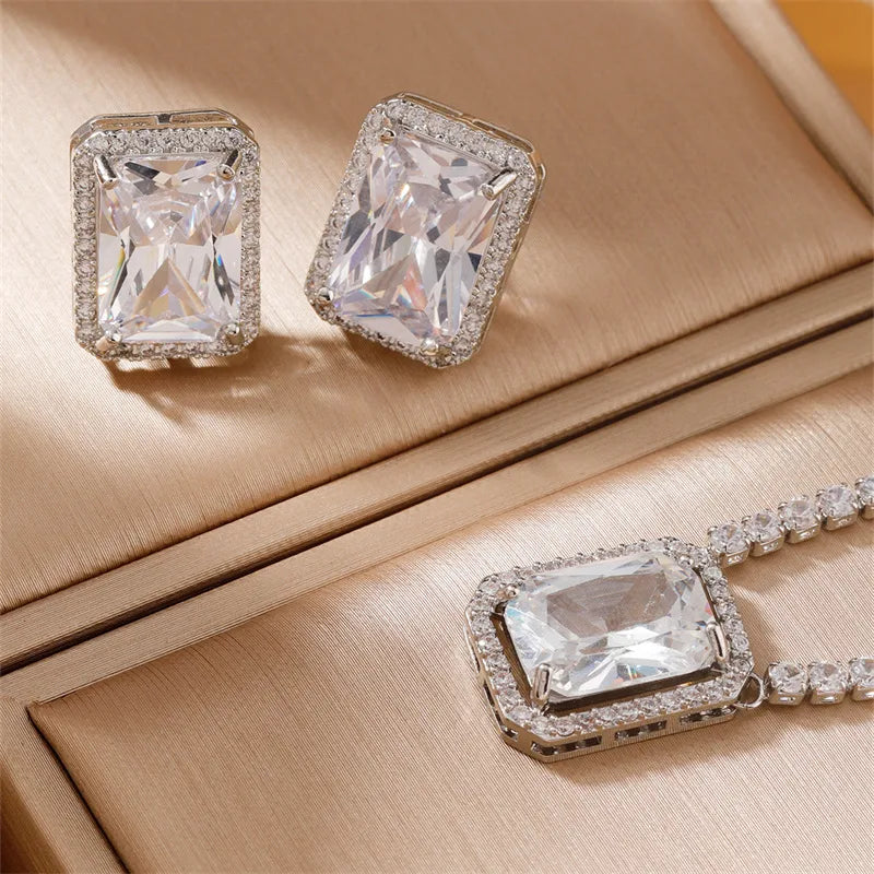 Copper Rhodium Plated Simple Style Shiny Inlay Rock Candy Zircon Rings Necklace Jewelry Set