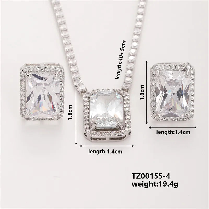 Copper Rhodium Plated Simple Style Shiny Inlay Rock Candy Zircon Rings Necklace Jewelry Set