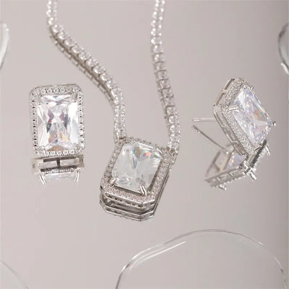 Copper Rhodium Plated Simple Style Shiny Inlay Rock Candy Zircon Rings Necklace Jewelry Set