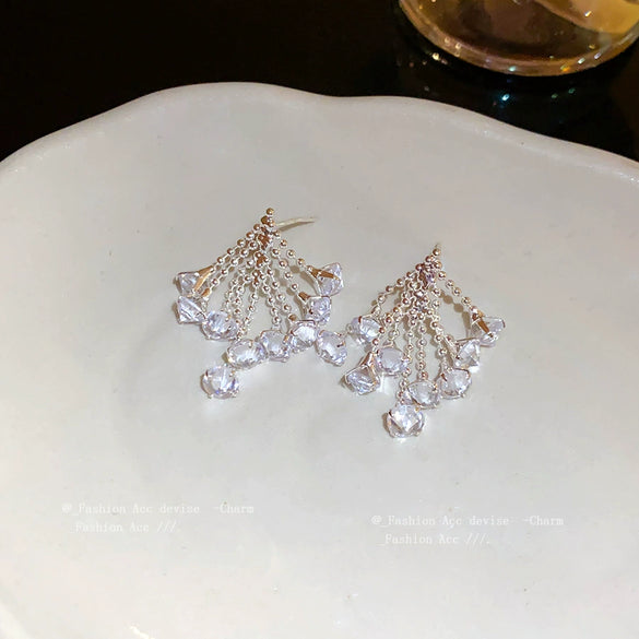 Copper Rhombus Zirconia Tassel Earrings For Women Light Luxury Style