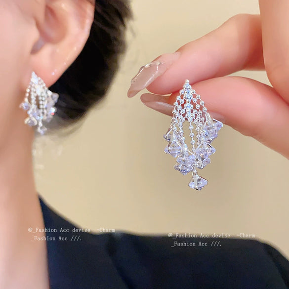 Copper Rhombus Zirconia Tassel Earrings For Women Light Luxury Style