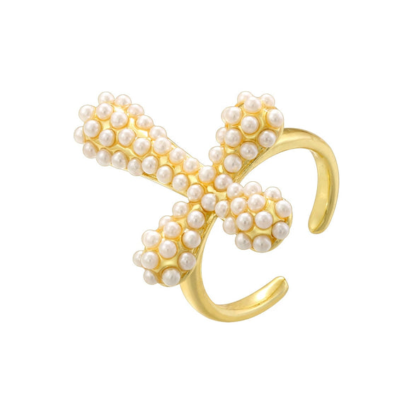 Copper Ring Inlaid With Pearls Geometric Heart Shape Light Luxury Style For Ladies