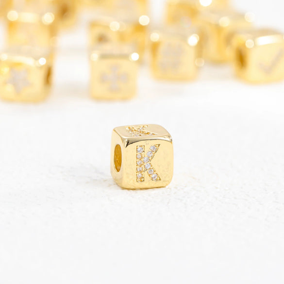 Copper Set Zircon Inlaid Dice Pendant Necklace With Letters Numbers Text Pattern And String Of Pearls Chain