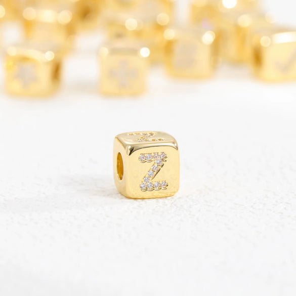 Copper Set Zircon Inlaid Dice Pendant Necklace With Letters Numbers Text Pattern And String Of Pearls Chain