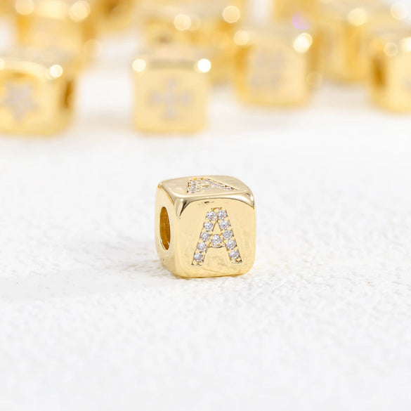 Copper Set Zircon Inlaid Dice Pendant Necklace With Letters Numbers Text Pattern And String Of Pearls Chain