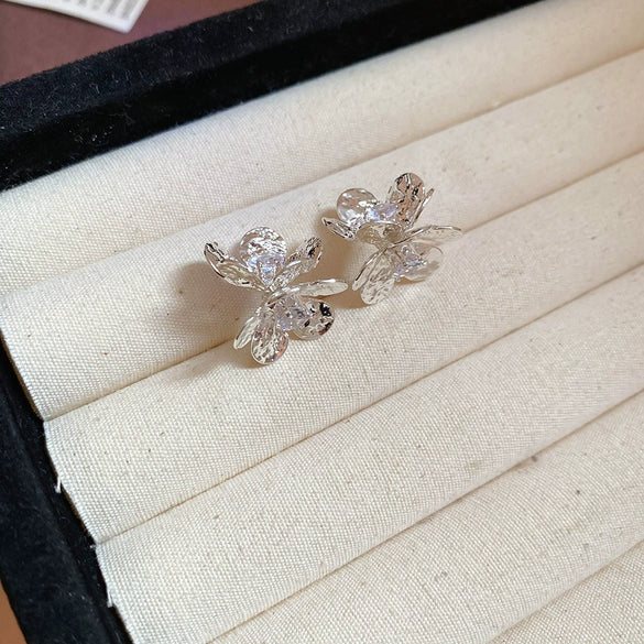 Copper Silver Needle Zircon Flower Earrings Retro Light Luxury Exquisite Elegant Design Sense Niche