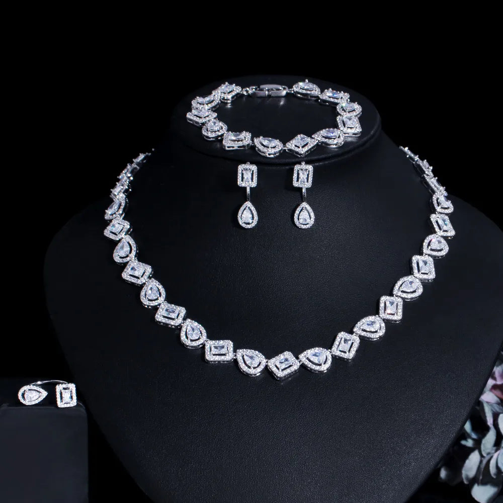 Copper Silver Plated Elegant Bridal Shiny Inlay Square Water Droplets Artificial Gemstones Jewelry Set