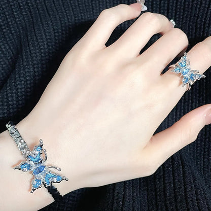 Copper Silver Plated Sweet Cool Style Butterfly Enamel Inlay Rhinestones Rings Bracelets