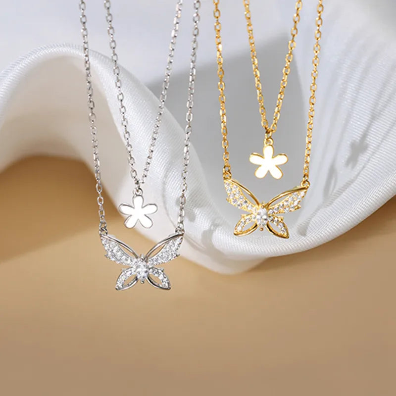 Copper Silver Plated Sweet Simple Style Plating Inlay Butterfly Zircon Layered Necklaces