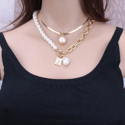 Wholesale Simple Style Classic Style Solid Color Copper Beaded 14K Gold Plated Artificial Pearls Layered Necklaces