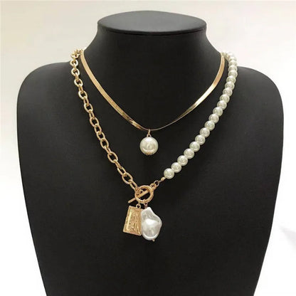 Wholesale Simple Style Classic Style Solid Color Copper Beaded 14K Gold Plated Artificial Pearls Layered Necklaces