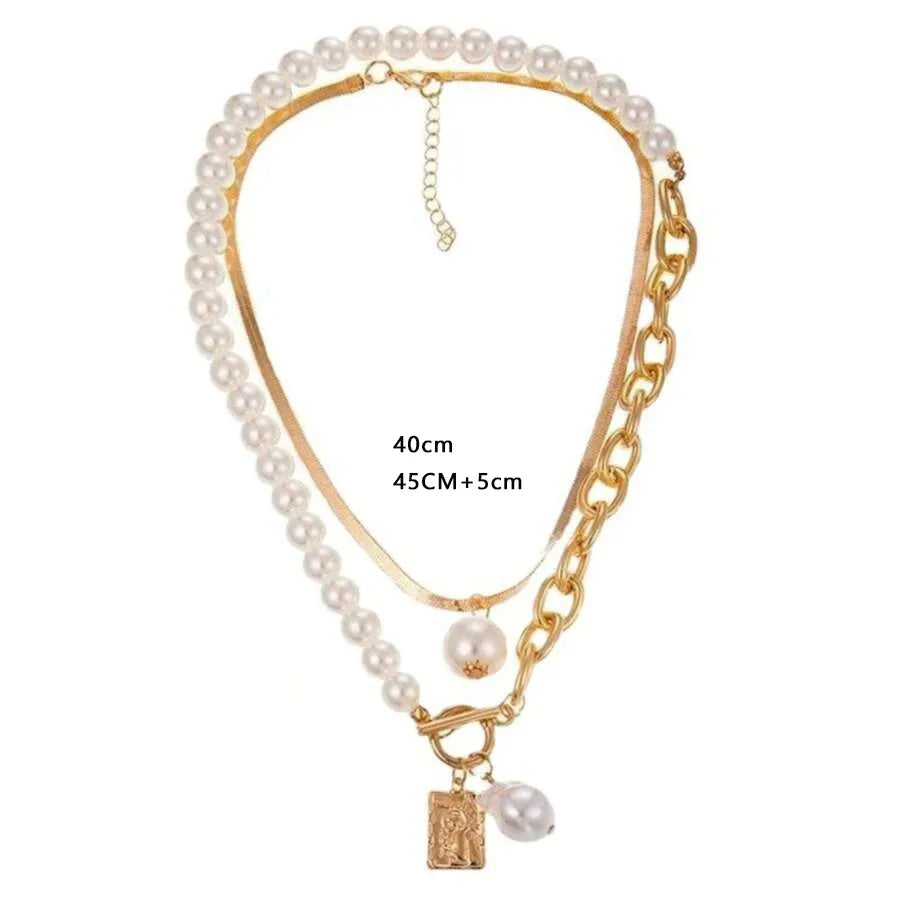 Wholesale Simple Style Classic Style Solid Color Copper Beaded 14K Gold Plated Artificial Pearls Layered Necklaces