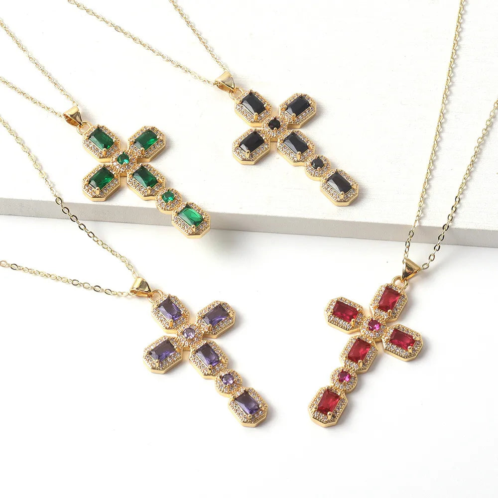 Copper Simple Style Classic Style Inlay Cross Rhinestones Pendant Necklace