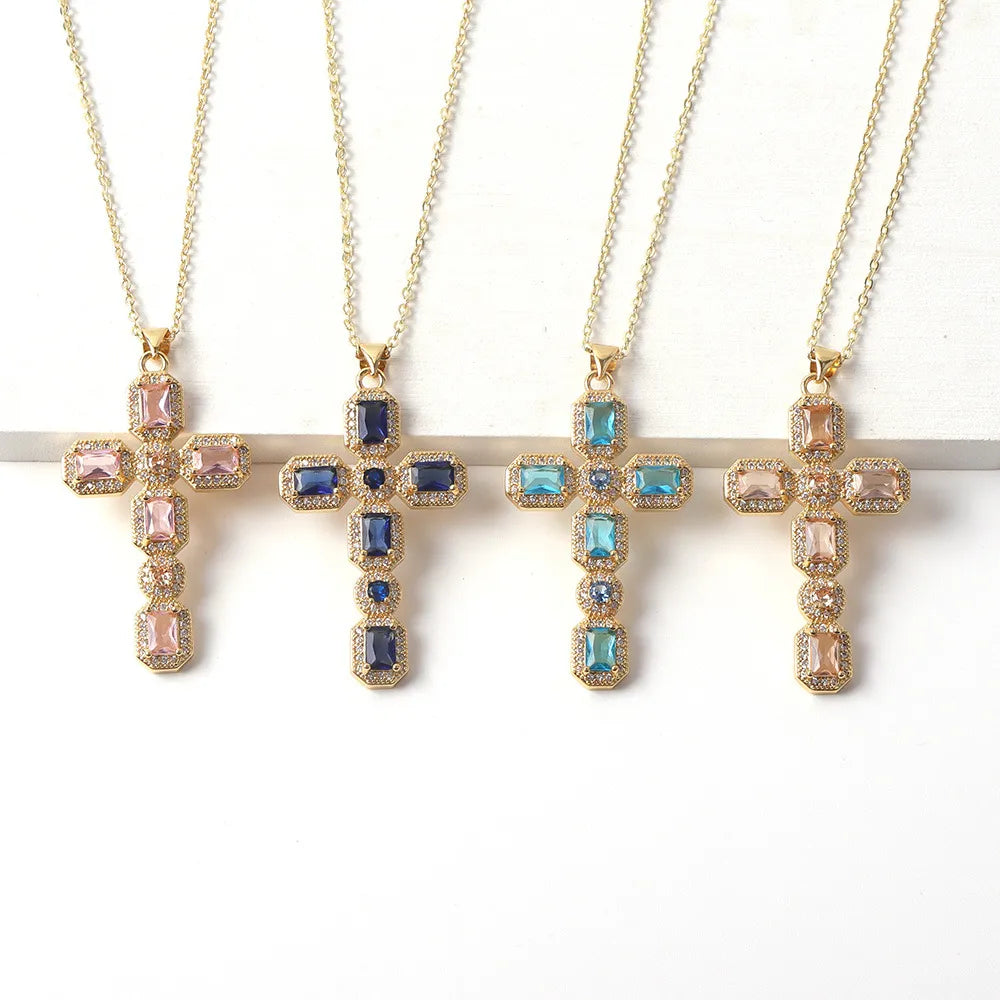 Copper Simple Style Classic Style Inlay Cross Rhinestones Pendant Necklace