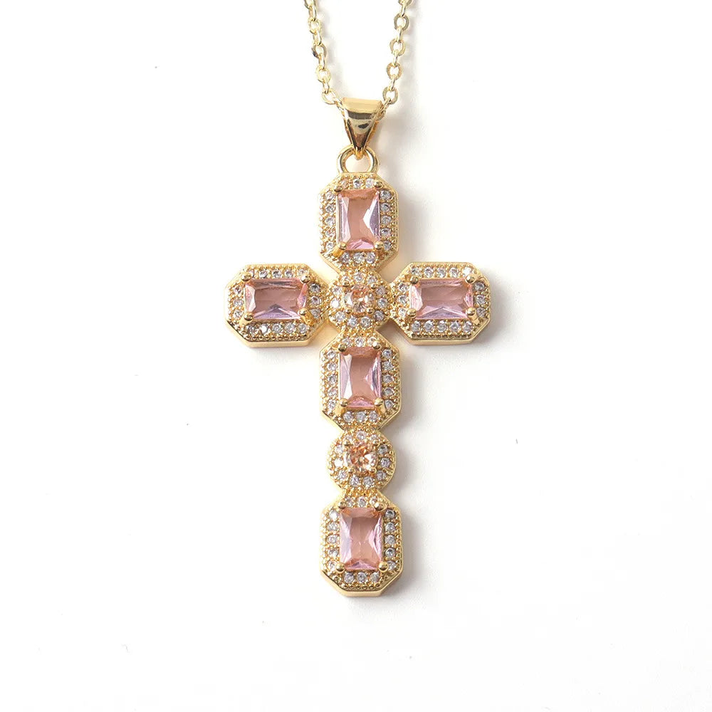 Copper Simple Style Classic Style Inlay Cross Rhinestones Pendant Necklace