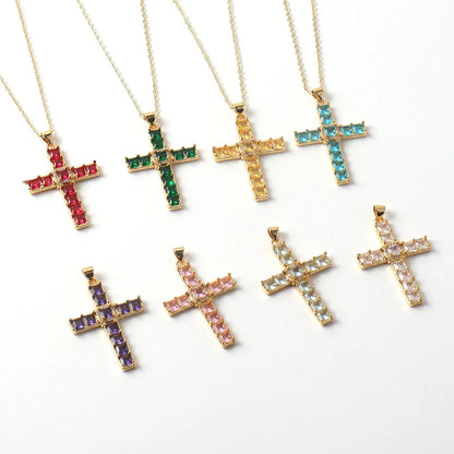 Copper Simple Style Classic Style Inlay Cross Rhinestones Pendant Necklace