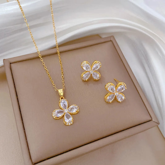 Copper Simple Style Classic Style Inlay Flower Zircon Earrings Necklace