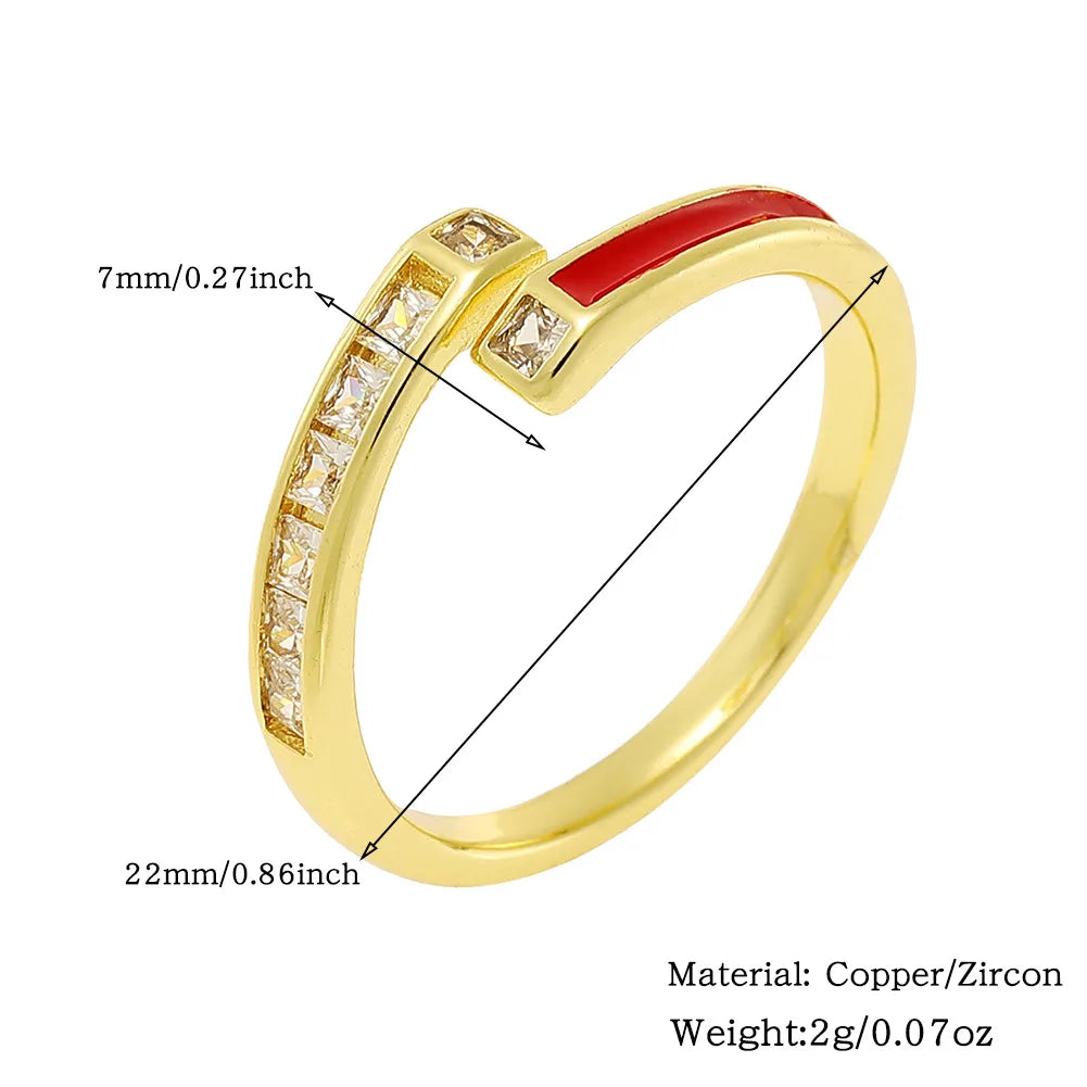 Copper Simple Style Enamel Plating Inlay Geometric Zircon Open Rings