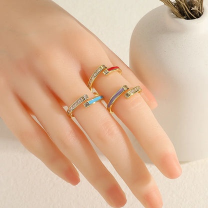 Copper Simple Style Enamel Plating Inlay Geometric Zircon Open Rings